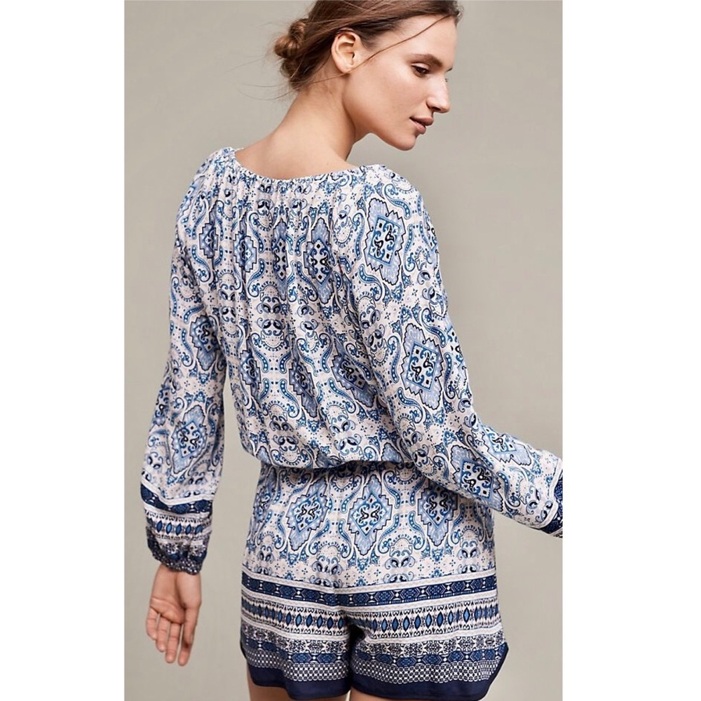 New Elevenses x Anthropologie Basia XS Blue White Abstract Print Short Romper